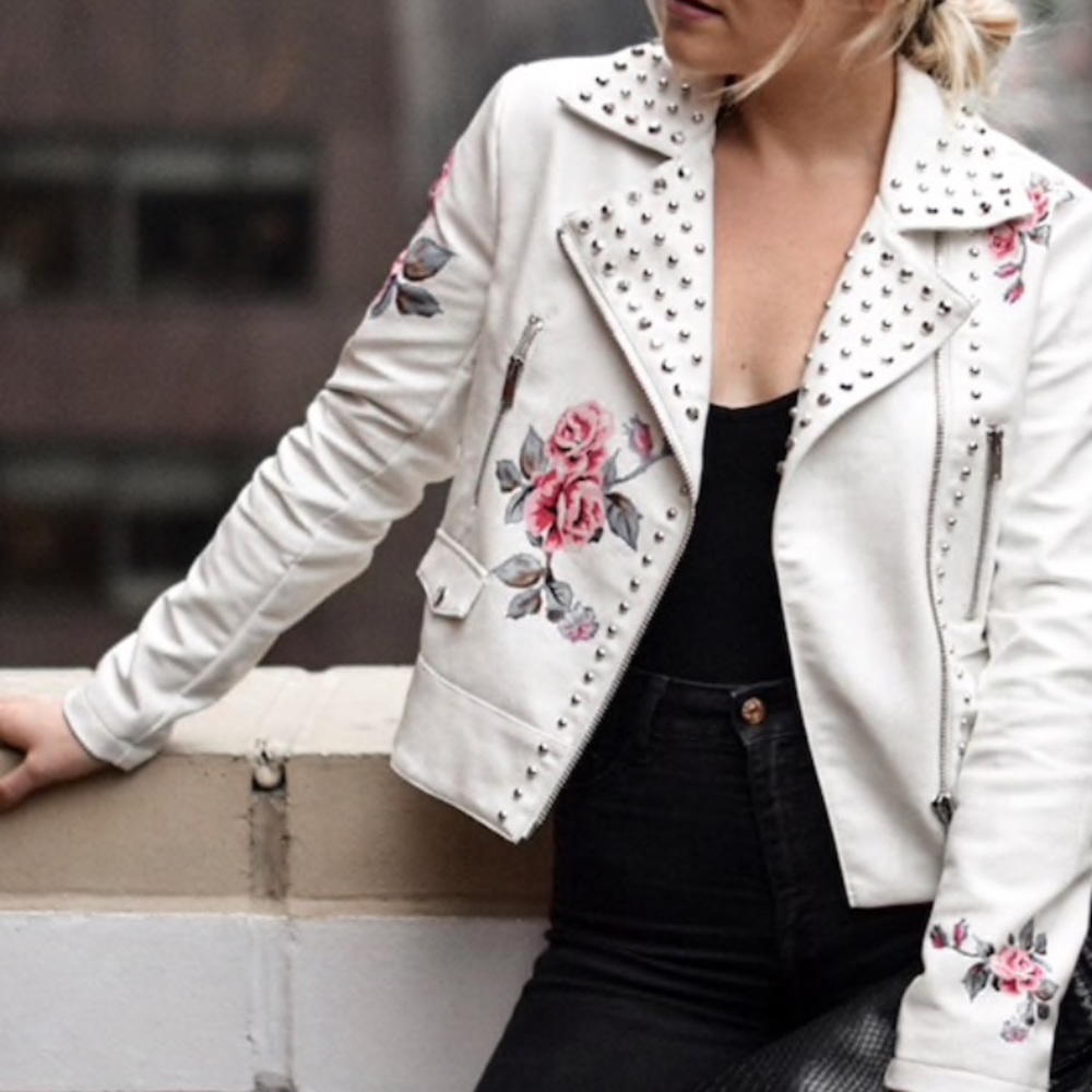 Floral White studded motorcycle Jacket